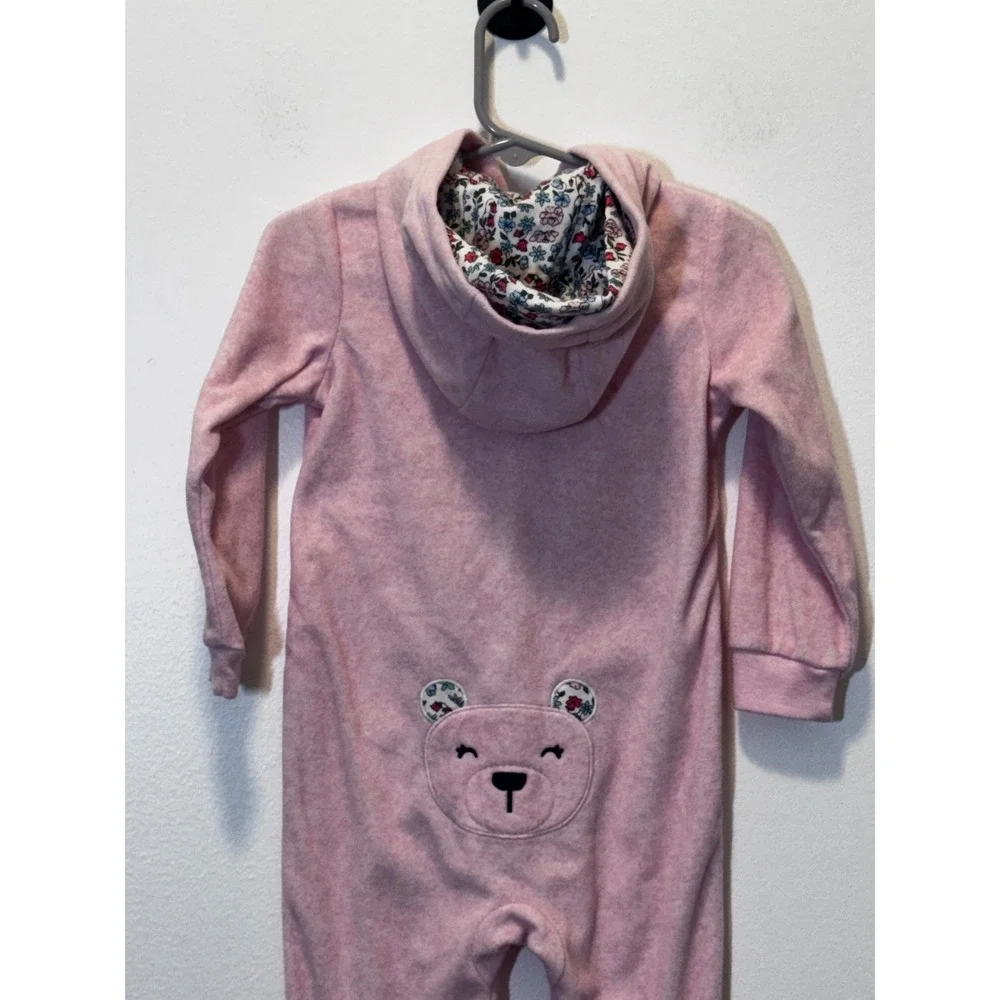 Carters Pink Fleece Hooded Jumpsuit Bear Seat Floral Lining 24M Baby Girl